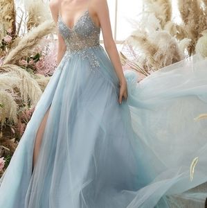 Deep v-neck Light Blue and purple Beading Tulle Prom Dress